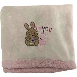 Just Born‎ Beige I Love You Bunny Fleece Blanket Pink Trim Soft Security Lovey